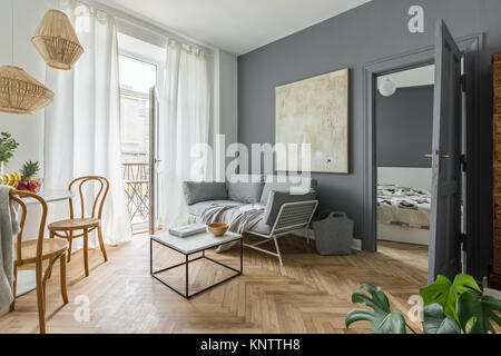 Wohnzimmer, Esszimmer und Schlafzimmer im skandinavischen Stil flach Stockfoto