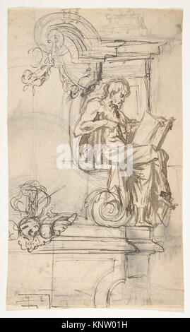 Diese Zeichnung von Pieter Verbruggen dem Jüngeren zeigt einen Entwurf für ein Grabdenkmal mit einer sitzenden Figur, möglicherweise einem Propheten oder Philosophen, die in ein Buch vertieft ist. Die Verso enthält zusätzliche Skizzen, die einen Einblick in den Prozess des Künstlers geben. Stockfoto