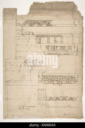 Diese Abbildung zeigt den Bogen des Septimius Severus, einschließlich seiner Einbuchtungen, Dachböden, Säulenbasen, Archivolt, und Pfropfen, die architektonische Merkmale und Erhebungen des römischen Triumphbogens darstellen. Stockfoto
