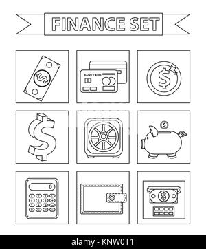 Geld und Finanzen Symbole, Linienstil an. Sammlung auf weißem Hintergrund. Bank Objekte und Elemente für Web und Mobile Anwendung. Vector Illustration, Clip-art. Stock Vektor