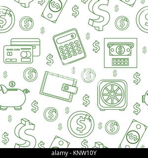 Geld nahtlose Muster, Linienstil. Finanzen endlose Hintergrund. Business, Bank sich wiederholende Textur mit Dollar, Münzen, Münze, Taschenrechner. Vector Illustration. Stock Vektor