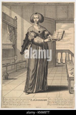 Darstellung einer jungen Frau mit Grammatik, die in einem verzierten Innenraum steht, ein offenes Buch hält und auf das Alphabet zeigt, das die liberalen Künste repräsentiert. Stockfoto