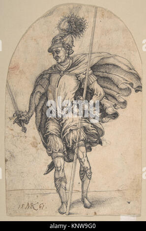 Ein stehender Soldat MET DP 802946 383092 Künstler: Michel Kirmer, aktive Ca. 1552?. 1570, ein stehender Soldat, 1561, Pen und schwarze Tinte, über eine Skizze in schwarzer Kreide, Rote Kreide, Blatt (oben gerundet): 8 5/8 x 5 1/2 in. (21,9 x 14 cm). Das Metropolitan Museum of Art, New York. Harry G. Sperling Fund, 2008 (2008.180) Stockfoto