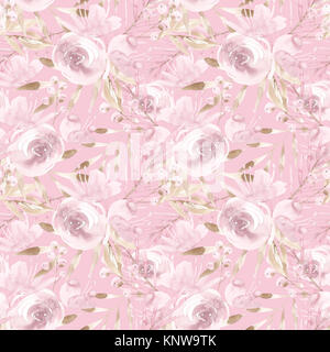 Blass rosa Rosen und Pfingstrosen mit grauen Blätter auf rosa Hintergrund. Nahtlose Muster. Romantischer Garten Blumen Abbildung. Verblasste Farben. Stockfoto