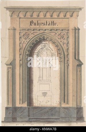 Dieses MET-Design eines anonymen deutschen Künstlers zeigt einen gotischen Torbogen und ein Kreuz mit Stift, Tinte, Wäschen und Graphit, der den gotischen Architekturstil des 19. Jahrhunderts widerspiegelt. Stockfoto