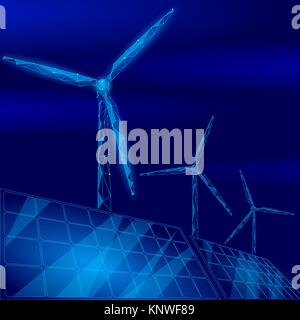 Solar Panels Windmühlen Turbine zur Stromerzeugung. Grüne Ökologie sparen Umwelt. Renewable Power Low Poly polygonalen geonetric dark blue sky Design Vector Illustration Stock Vektor