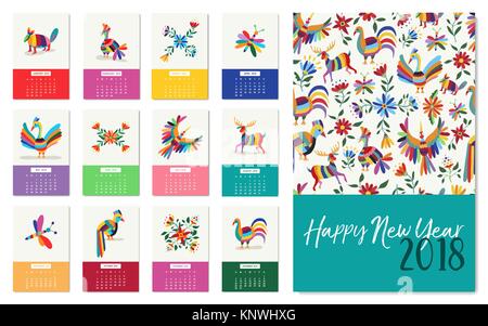 Frohes Neues Jahr 2018 Kalender Vorlage mit bunten mexikanischen Kunst der Tiere und Blumen. Traditionelle Mexiko natur Deko für die monatlichen Planer Desig Stock Vektor