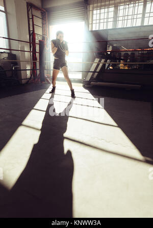 Weibliche Boxer tun Schattenboxen in einem Boxring. Boxer üben Boxing bewegt sich mit Boxen Studio mit hellem Licht im Hintergrund. Stockfoto