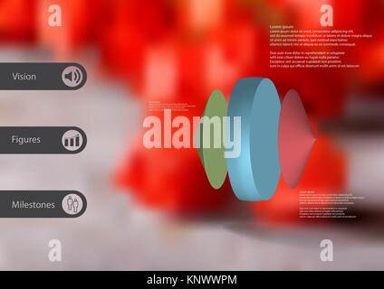 3D-Illustration Infografik Vorlage mit dem Motiv des Farbe Zylinder zwischen zwei Kegeln horizontal mit einfachen Zeichen und Text auf der Seite der Ba platziert Stock Vektor