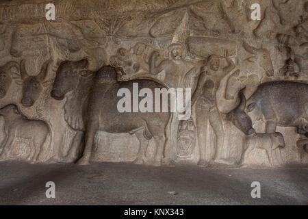 Asien, Indien, Tamil Nadu, Mamallapuram, Krishna Cave Tempel Stockfoto