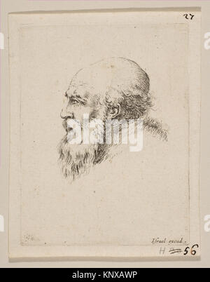 Zeichnung des Kopfes eines glatzen und bärtigen alten Mannes im Profil, Teil der Serie „verschiedene Köpfe und Figuren“, mit Gesichtszügen, Ausdruck und künstlerischer Technik. Stockfoto