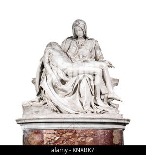 Die Pieta, ein Werk der Renaissance Skulptur von Michelangelo Buonarroti isoliert auf weißem Hintergrund. Berühmte Kunstwerk zeigt den Körper von Jesus auf. Stockfoto