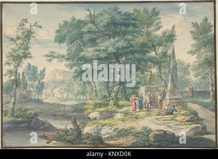 Arkadische Landschaft mit Figuren, Musik MET DP 804027 383930 Künstler: Jan van Huysum, Niederländisch, Amsterdam 1682?1749 Amsterdam, arkadische Landschaft mit Figuren, Musik zu machen, Anfang des 18. Jahrhunderts, Pen und grauer Tusche und Aquarell. Breite framing Linie in schwarzer Tinte, Blatt: 9 3/16 x 13 9/16 in. (23,4 x 34,4 cm). Das Metropolitan Museum of Art, New York. Van Tag Truex Fund, 2008 (2008.476) Stockfoto