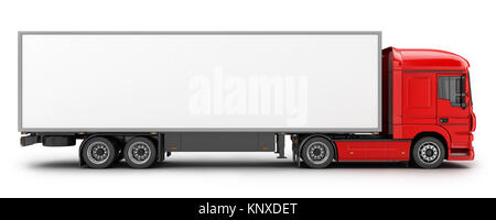 Big Red Truck und Trailer auf weißem Hintergrund. 3D-Darstellung Stockfoto