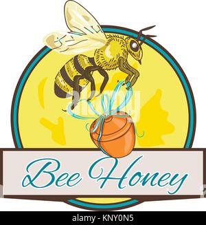 Zeichnung Skizze stil Abbildung einer Biene Arbeitnehmer Durchführung Honey Pot mit Band set innerhalb des Kreises mit Banner und Worte Biene Honig. Stock Vektor
