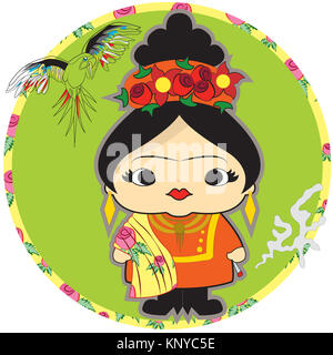 Die Malerin Frida Kahlo während des Rauchens mit Ihrem Papagei, in traditioneller Kleidung. Stockfoto