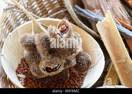 Naturseide landwirtschaftliche und handwerkliche Herstellung von Seide Artefakte - Samenkapseln, Mineralien und Rinde verwendet natürliche Farbstoffe für die seidenweber zu erstellen Stockfoto