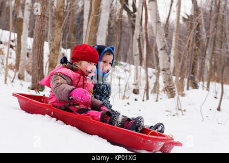 Bruder und Schwestern (5 und 3 Jahre alt) zusammen Schlitteln in Quebec im Winter Stockfoto