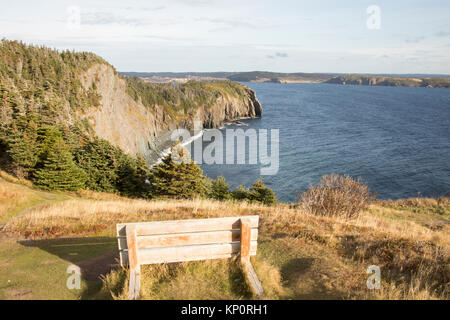 Holzbank mit Blick auf Hund Cove Beach auf Skerwink Küste Trail in der Dreiheit, Neufundland, Kanada. Stockfoto