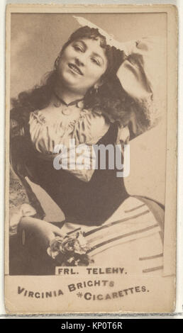 Zigarettenkarte zum Sammeln mit der Schauspielerin Fräulein Telehy, Teil der Serie Schauspieler und Schauspielerinnen für Virginia Brights Zigaretten, zeigt Porträt, Kostüm und Frisur. Stockfoto