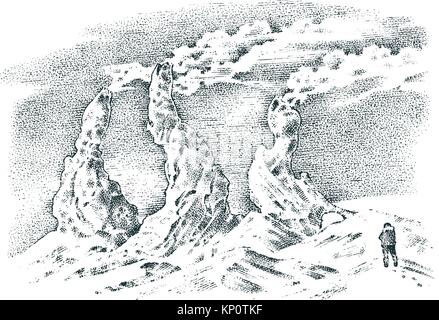 Vulkan Aktivität mit Magma, Rauch vor der Eruption und Lava oder Natur Katastrophe. für Reisen, Abenteuer. Berglandschaften. graviert Hand in alte Skizze gezeichnet, Vintage Style. Stock Vektor