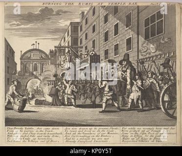 Platte 11 Abbildung von Hudibras, die das „Brennen der Rumps“ in der Temple Bar zeigt und Figuren und öffentliche Szene zeigt. Stockfoto