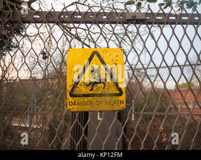 Die Gefahr des Todes gelb Rusty schmutzig unrein Zeichen auf Metall zaun Blitz, Essex, England, Großbritannien Stockfoto