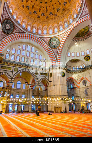 Nicht identifizierte Türkischen muslimischen Männern in der Süleymaniye-moschee beten, mit islamischen Elementen gestaltet und durch die osmanischen Architekten Sinan. Istanbul, Türkei entwickelt. Stockfoto