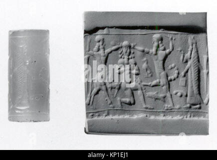 Ein Zylindersiegel und sein moderner Eindruck aus dem Metropolitan Museum of Art, katalogisiert als MET SS1983 314 13, zeigt einen Skorpion-Mann und einen Bullen-Mann, der einen knienden Mann angreift und mesopotamische mythologische Motive und antike Kunst repräsentiert. Stockfoto