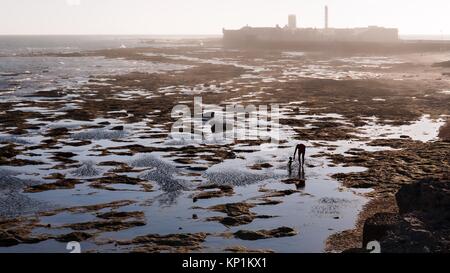 Atlantik Szene während der Ebbe in Cadiz, Andalusien, Spanien. Stockfoto