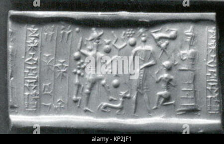 Dieses Zylindersiegel und sein moderner Eindruck zeigen einen Gott, der eine Keule hält, und eine anflehende Göttin, die die antike mesopotamische religiöse Ikonographie repräsentiert. Stockfoto
