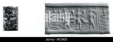 Ein Zylindersiegel und ein moderner Eindruck aus der MET-Sammlung, der einen Schlangengott und Götter mit Händen und Füßen in Form von Schlangen, Skorpionen und Ziegen darstellt und mesopotamische religiöse Ikonographie darstellt. Stockfoto