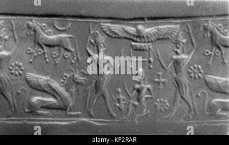 Foto eines Zylindersiegels und dessen moderner Eindruck, der zwei Bullenmänner zeigt, die eine Sonnenscheibe, ein Pferd und einen greif flankieren. Aus der MET-Sammlung (1999.325.181) zeigt sie mythologische Ikonographie und zeremonielle Symbolisierung. Stockfoto