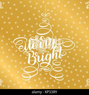 Merry und hellen Schriftzug in Stern Baum Spielzeug eingerahmt. Hand gezeichnet Kalligraphie Schrift inspirational Anführungsstriche. Frohe Weihnachten Grußkarte, Frohes Neues Ihr Stock Vektor