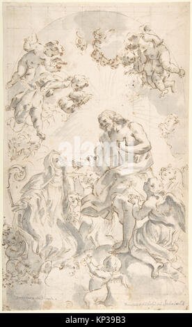 Gemälde, in dem Christus den Wirt einer heiligen Äbtissin nach dem Werk von Gaulli gibt. Teil der MET-Sammlung (DP809883 338867), die religiöse Zeremonie und Barockstil des 17. Jahrhunderts illustriert. Stockfoto