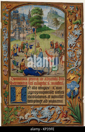 Eine Illustration, die Christus beim Eintritt in Jerusalem zeigt, zeigt Menschenmassen, Palmenzweige und Tiere und stellt das biblische Ereignis dar, das als Triumpheintritt bekannt ist. Stockfoto