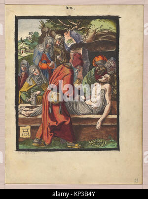 Illustration der Abschrift Christi aus einem Holzschnitt mit Figuren, Kreuz und räumlicher Anordnung. Stockfoto