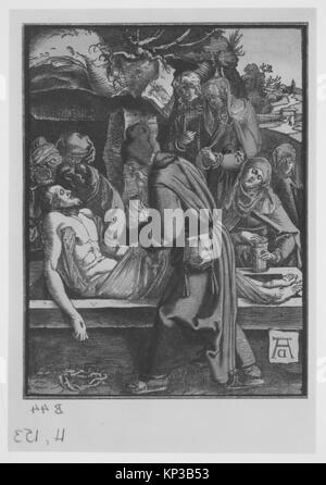Illustration der Abschrift Christi aus einem Holzschnitt, der Figuren und Kreuze mit Liebe zur Komposition und zum Detail zeigt. Stockfoto