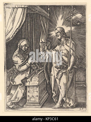 Dieser Kupferstich von Marcantonio Raimondi nach Albrecht Dürer zeigt Christus, der vor Maria erscheint, der im Gebet kniet. Das Werk basiert auf Dürers ursprünglichem Entwurf und entstand Anfang des 16. Jahrhunderts. Stockfoto