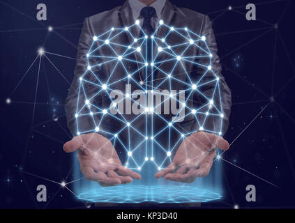 Doppelbelichtung Geschäftsmann Hand Der polygonale Gehirn Form einer künstlichen Intelligenz mit Linien und Punkten und Schatten Hintergrund, Busines Stockfoto