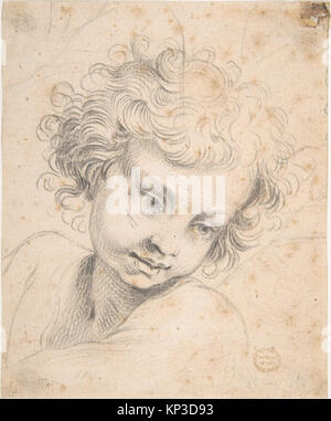 Diese Illustration zeigt eine Kopie einer Gravur, die den Kopf eines Kindes zeigt, die Gesichtsausdruck, Haare und Gravuren von Luca Ciambulano beschreibt. Stockfoto