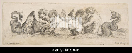 Diese Gravur von Stefano della Bella zeigt einen dekorativen Fries mit Tritonen und Delfinen, der dekorative Blätter veranschaulicht, die um 1648 in Florenz entstanden und im Metropolitan Museum of Art aufbewahrt wurden Stockfoto