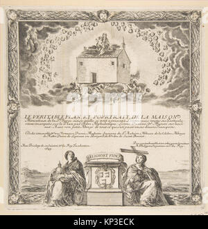 Radierung von Stefano della Bella aus dem Jahr 1649, die als Frontispiece für ein Werk diente, das das Haus der Heiligen Jungfrau gewidmet ist, das Susanne de St. Aulaire gewidmet ist. Stockfoto