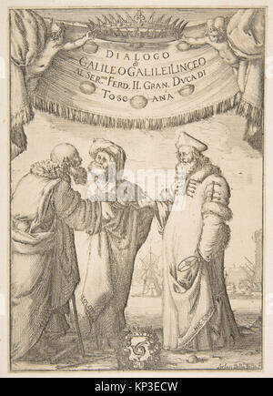 Abbildung des Frontispizes von 1632 für Dialogo di Galileo Galilei mit dekorativer Ätzung, Figuren und Textlayout von Stefano della Bella. Stockfoto