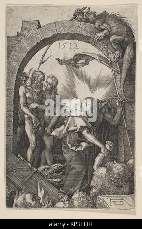 Illustrierte Szene von Christus in Limbo aus der Passion, die umliegende Figuren und symbolische Darstellung des Jenseits zeigt. Stockfoto