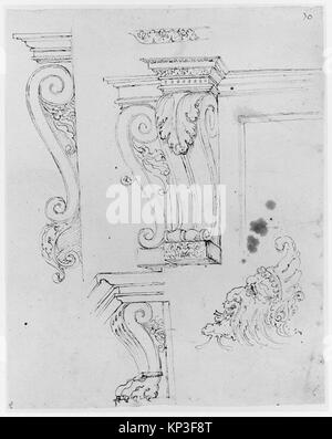 Abbildungen von vier architektonischen Konsolentwürfen und einer dekorativen Maske mit Details, Perspektive und Form. Stockfoto