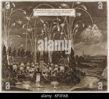 Ein Feuerwerk in Leipzig am 8. Juli 1667 zur Feier des Kurfürsten Johann Georg II., das nächtliche Festlichkeiten und öffentliche Feierlichkeiten darstellt. Stockfoto