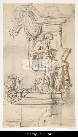 Diese Zeichnung von Pieter Verbruggen dem Jüngeren zeigt einen Entwurf für ein Grabdenkmal mit einer sitzenden Figur, möglicherweise einem Propheten oder Philosophen, die in ein Buch vertieft ist. Die Verso enthält zusätzliche Skizzen, die einen Einblick in den Prozess des Künstlers geben. Stockfoto