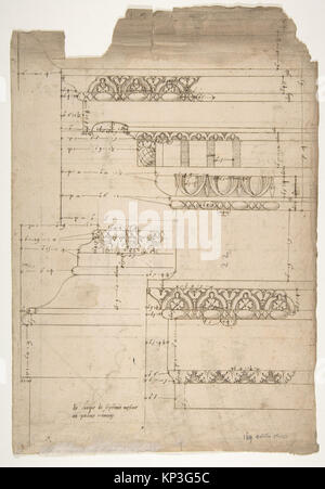 Diese Abbildung zeigt den Bogen des Septimius Severus, einschließlich seiner Einbuchtungen, Dachböden, Säulenbasen, Archivolt, und Pfropfen, die architektonische Merkmale und Erhebungen des römischen Triumphbogens darstellen. Stockfoto