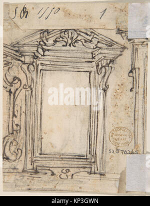 Blatt mit Pilaster-Ornamenten mit zentraler Kartusche auf dem Recto und separatem Design für ein Fenster oder eine Wandtafel auf der Veranda, die architektonische Details betont. Stockfoto